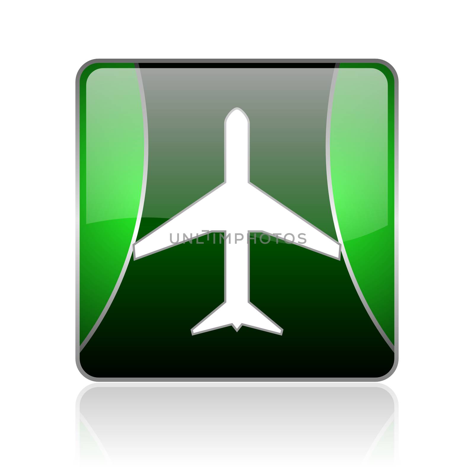 black and green square glossy internet icon on white background with reflaction