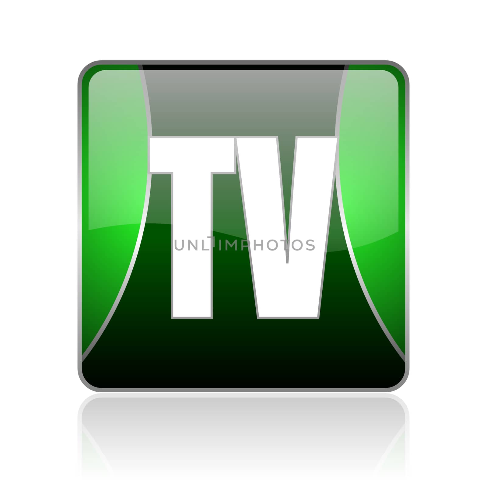 black and green square glossy internet icon on white background with reflaction