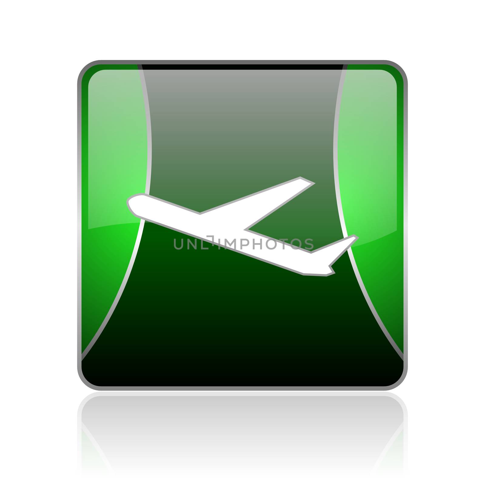 black and green square glossy internet icon on white background with reflaction