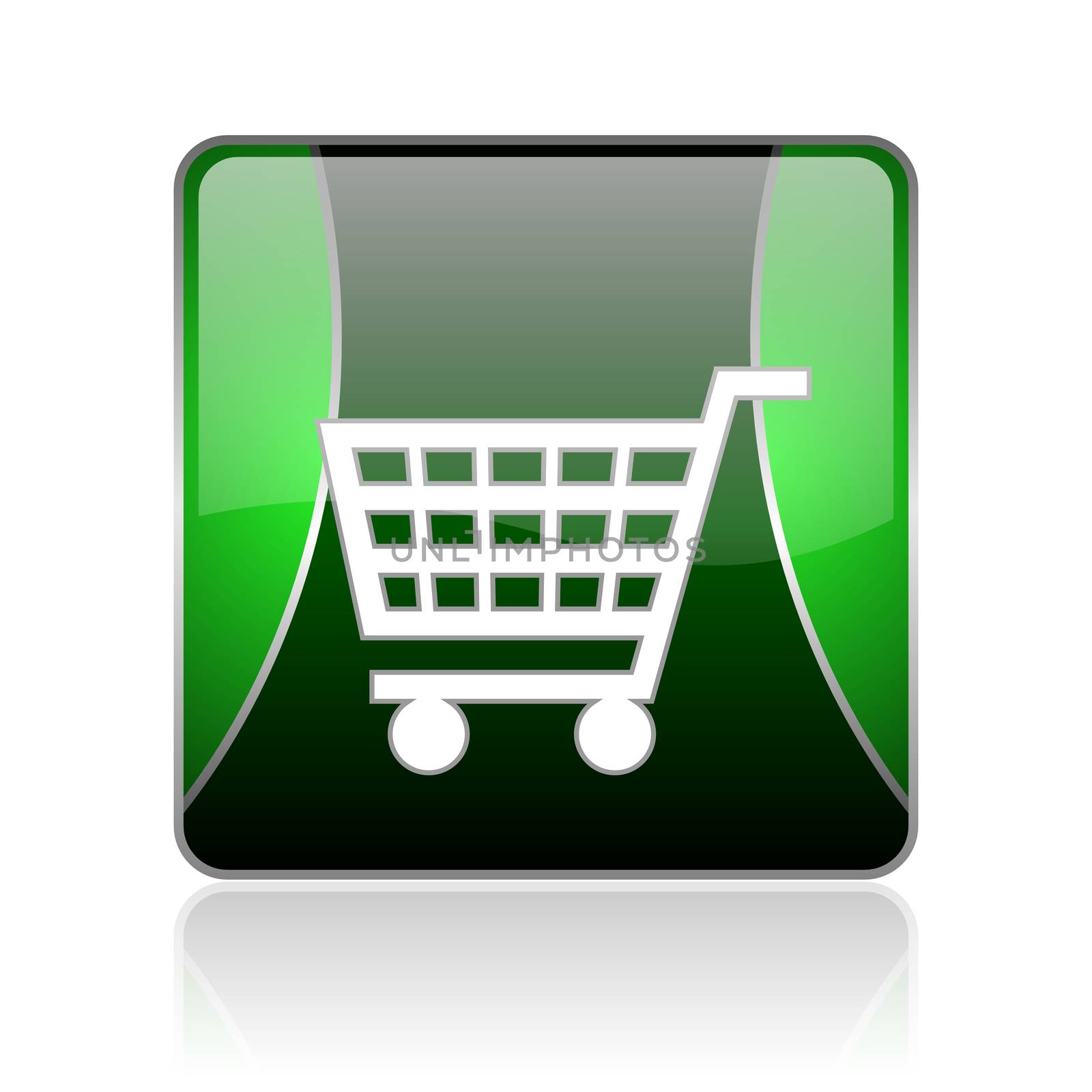 black and green square glossy internet icon on white background with reflaction
