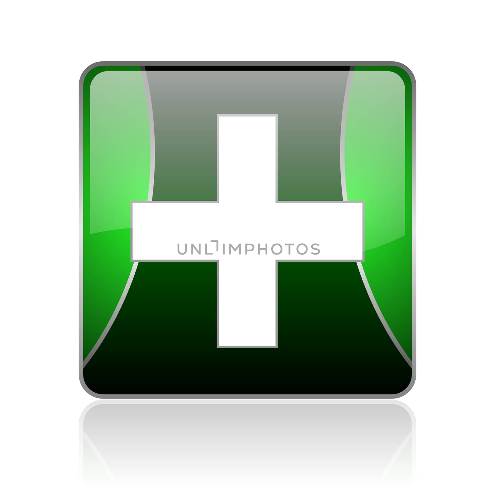 black and green square glossy internet icon on white background with reflaction