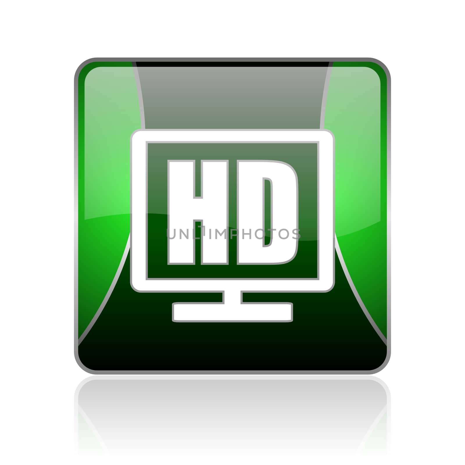 black and green square glossy internet icon on white background with reflaction