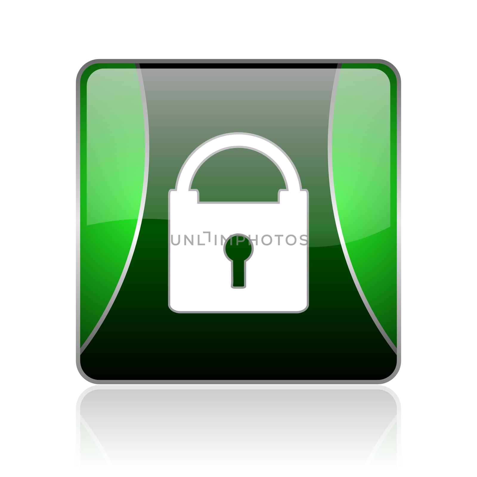 black and green square glossy internet icon on white background with reflaction