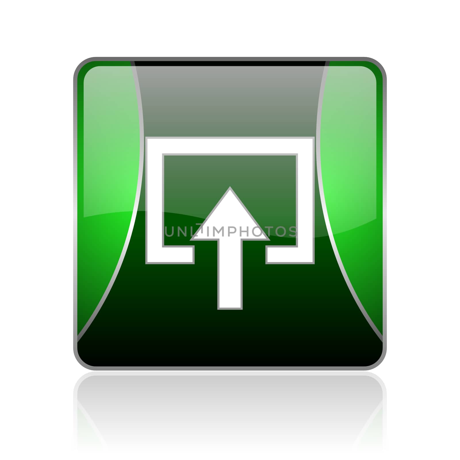 black and green square glossy internet icon on white background with reflaction