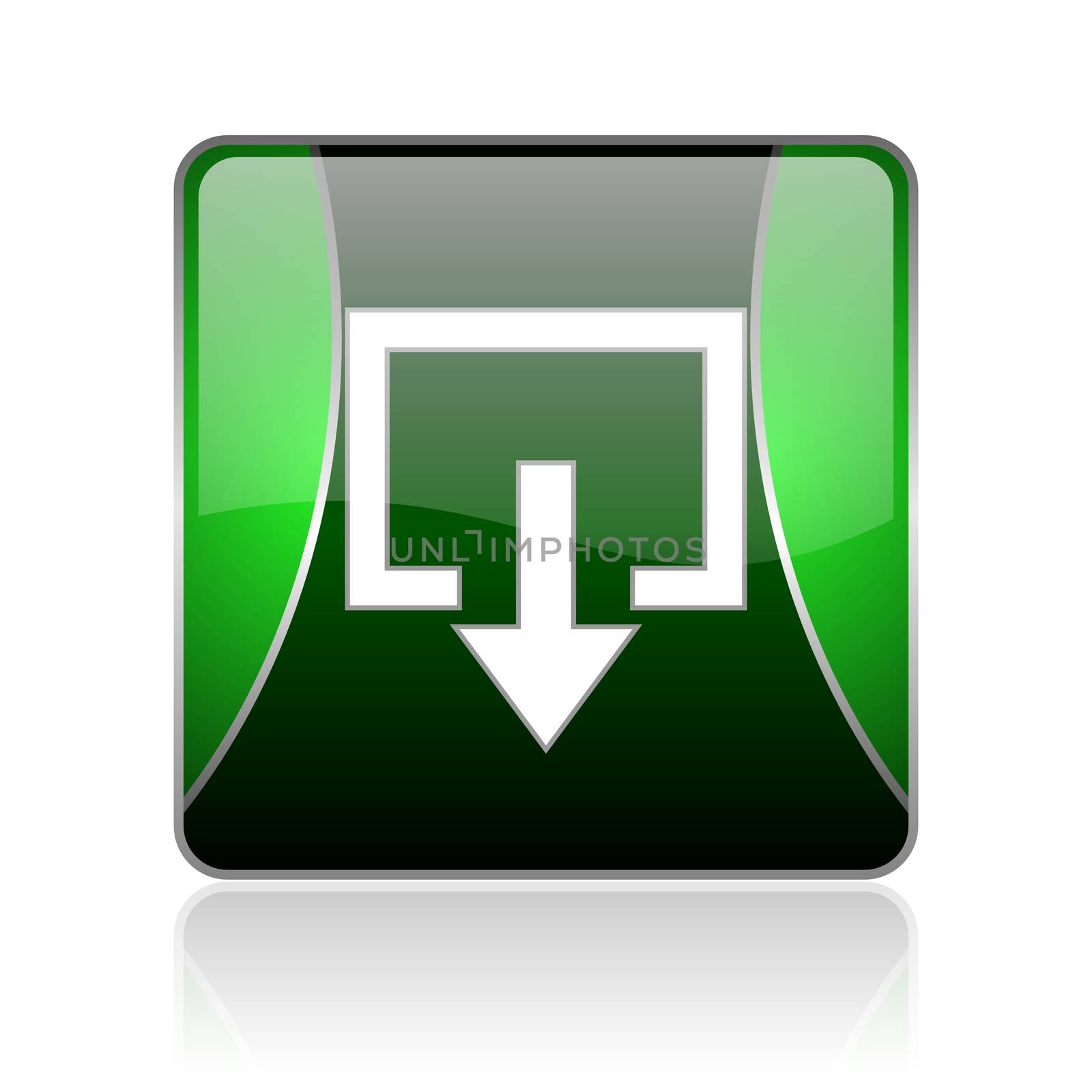 black and green square glossy internet icon on white background with reflaction