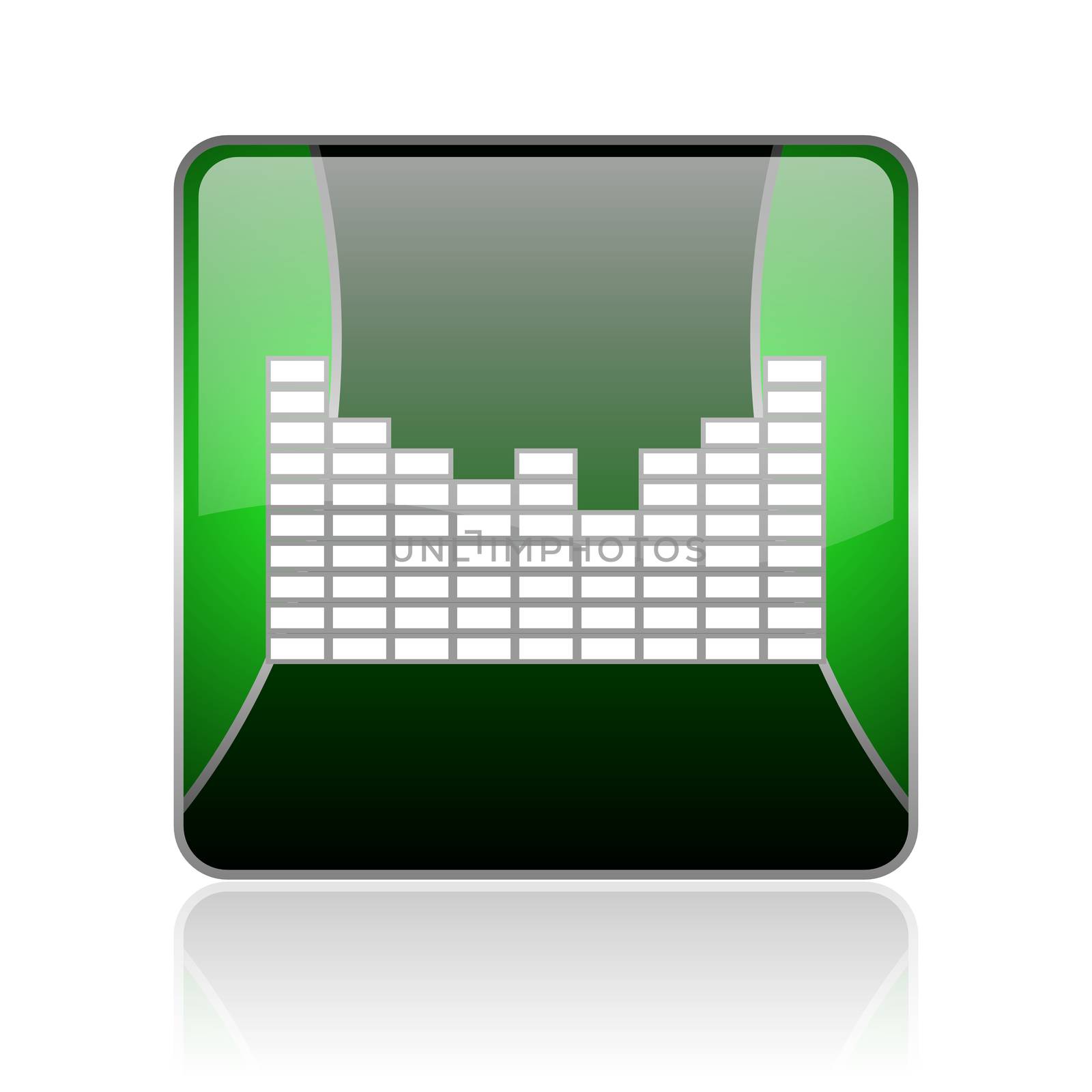 black and green square glossy internet icon on white background with reflaction