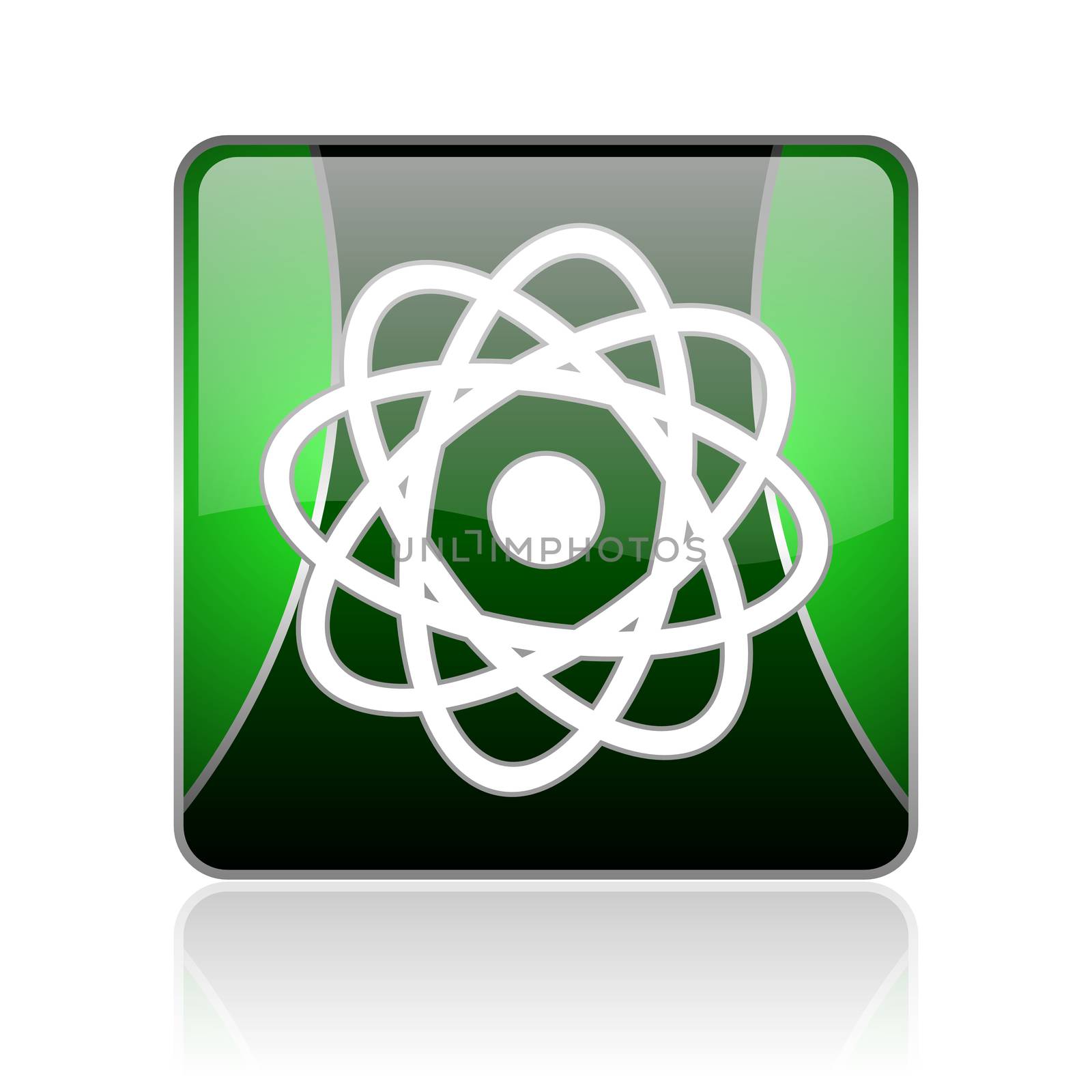 black and green square glossy internet icon on white background with reflaction