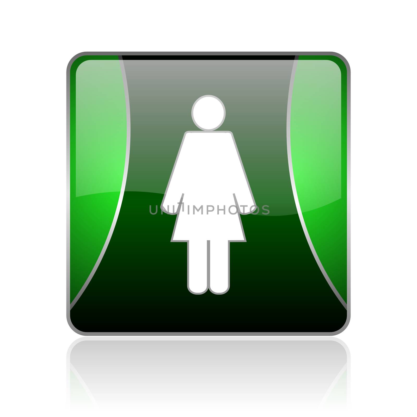 black and green square glossy internet icon on white background with reflaction