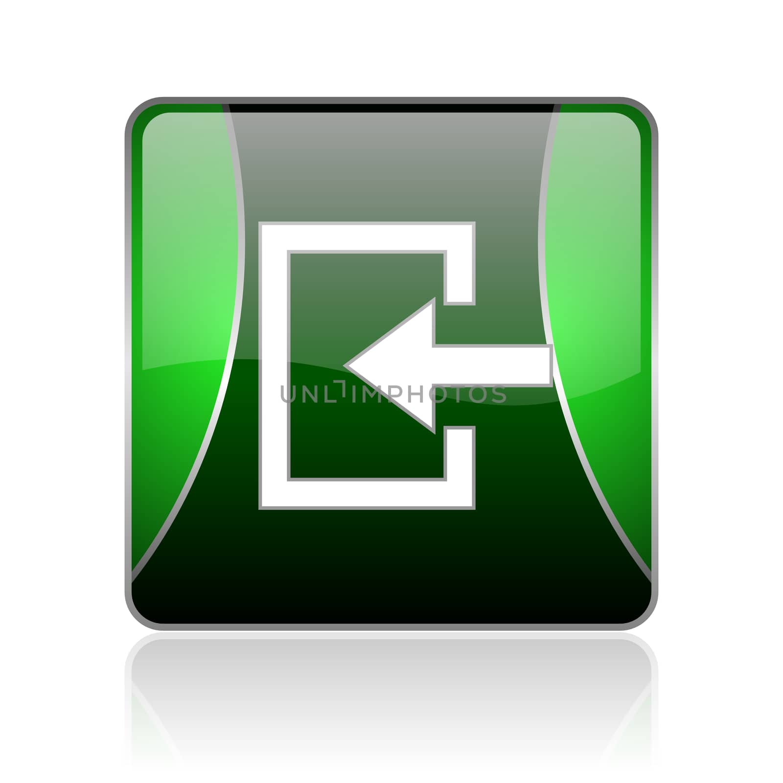 black and green square glossy internet icon on white background with reflaction