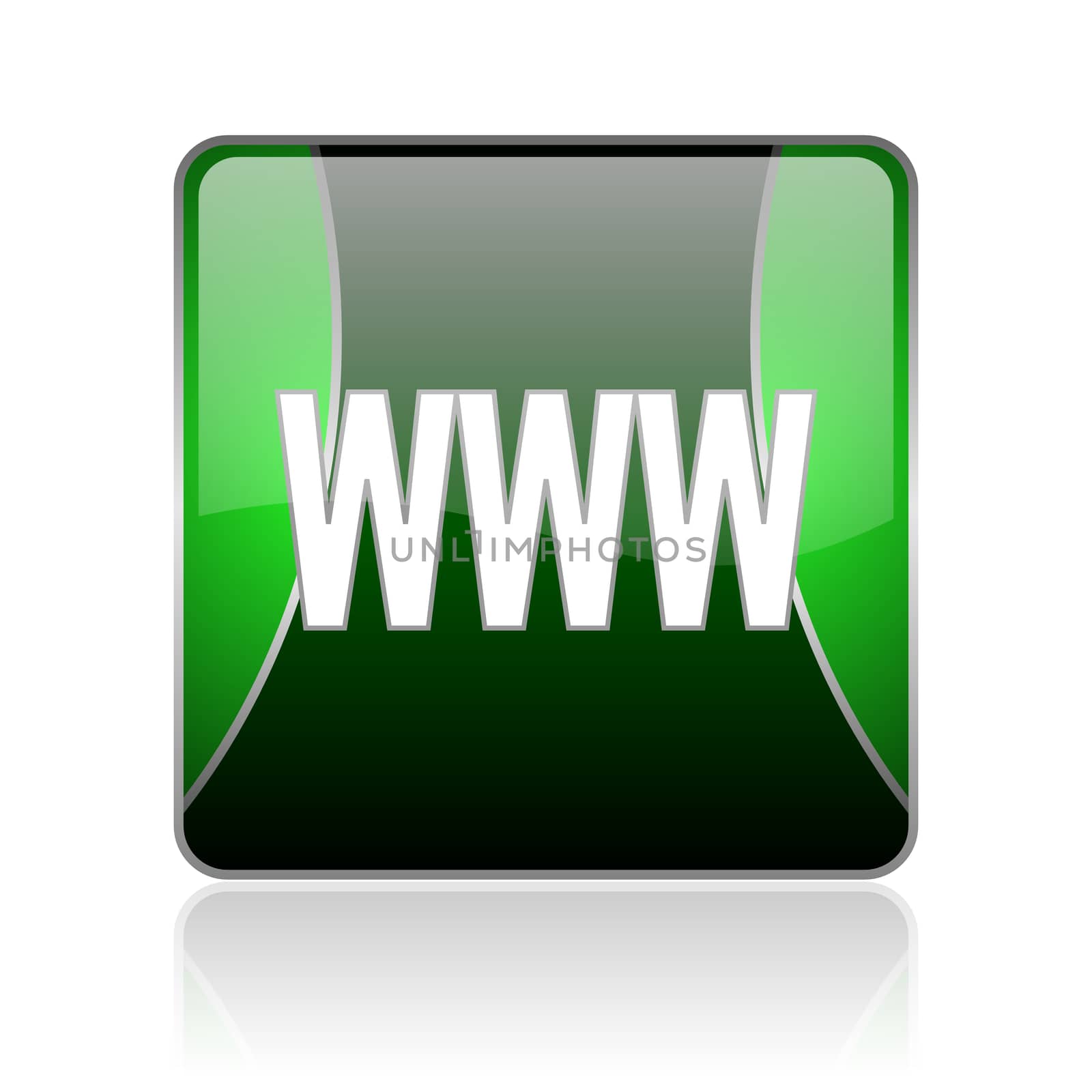 black and green square glossy internet icon on white background with reflaction