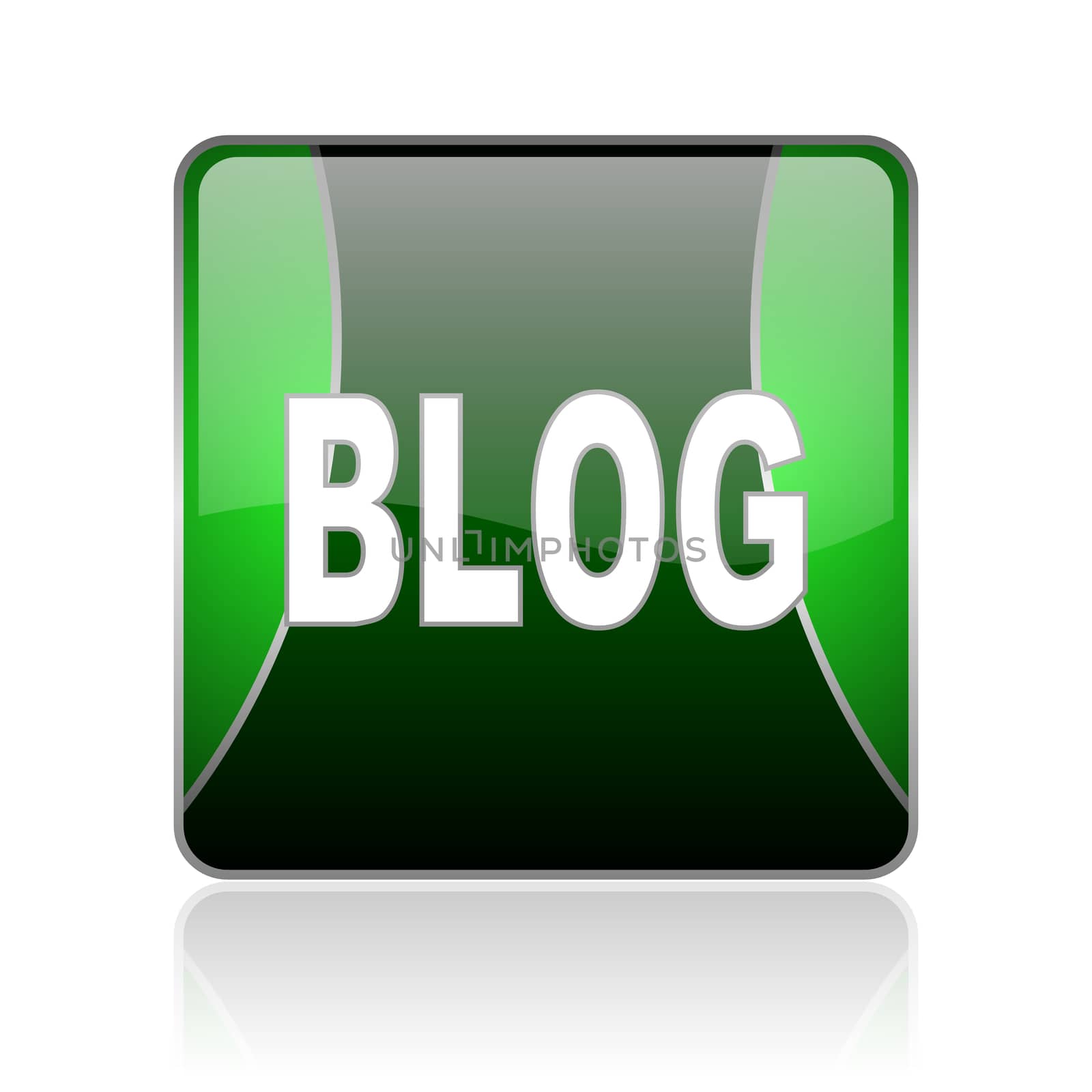 black and green square glossy internet icon on white background with reflaction