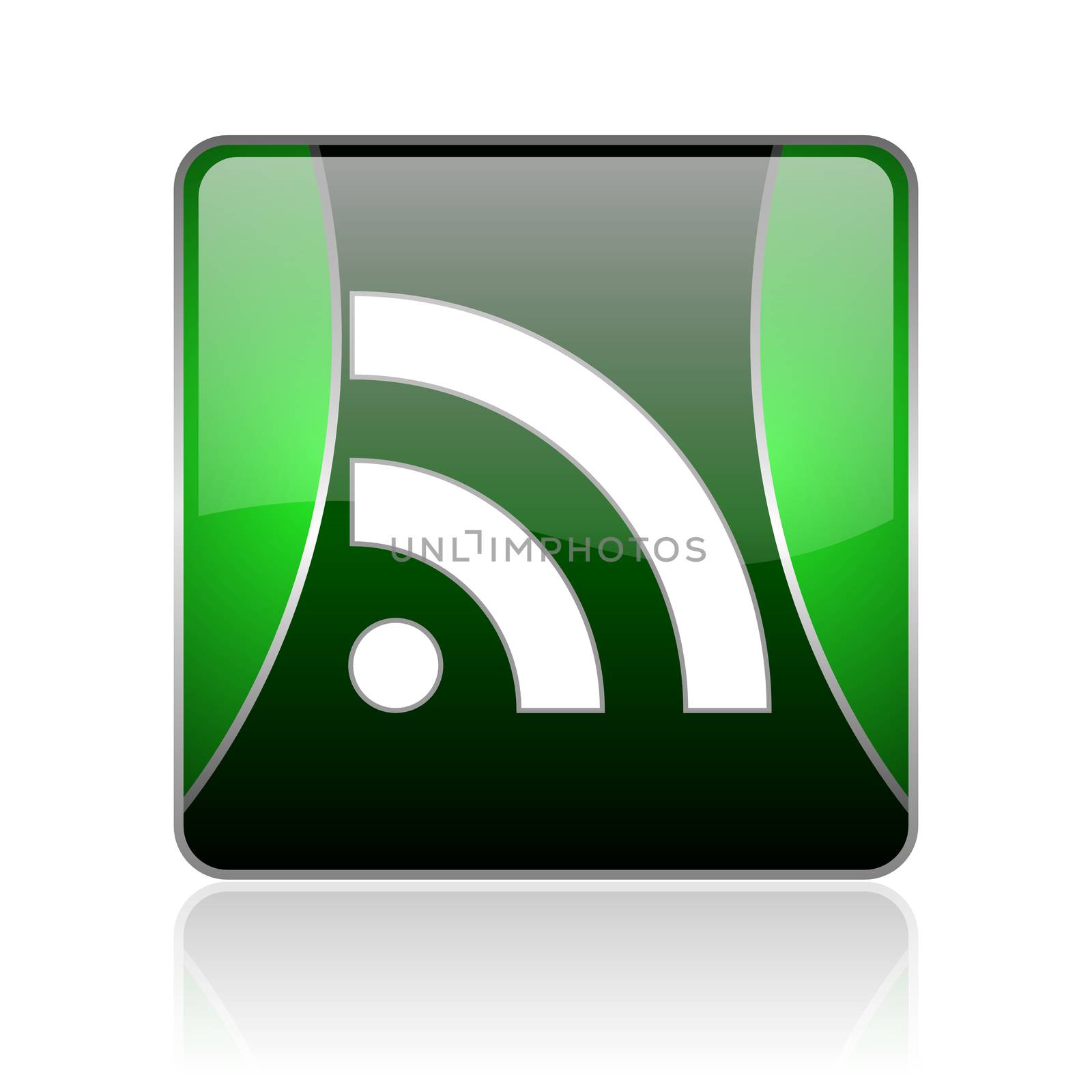 black and green square glossy internet icon on white background with reflaction