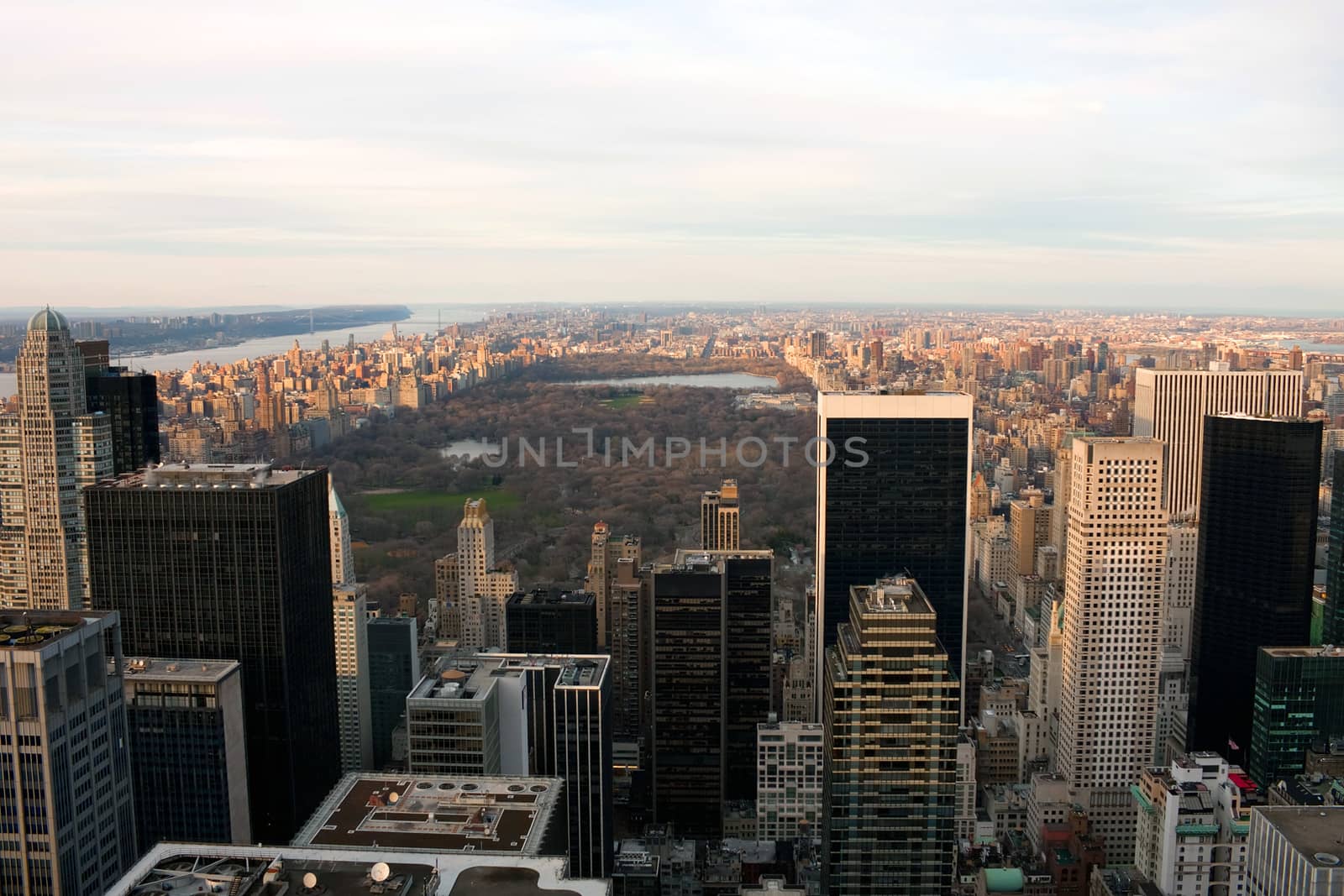 Horizontal aerial view of central park during the fall or winter months.