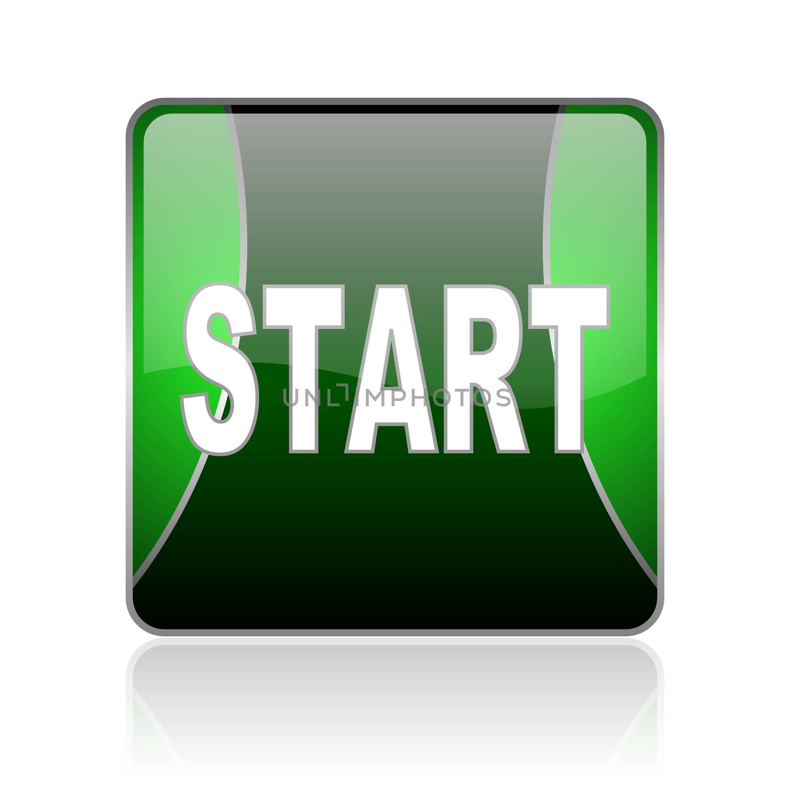 black and green square glossy internet icon on white background with reflaction