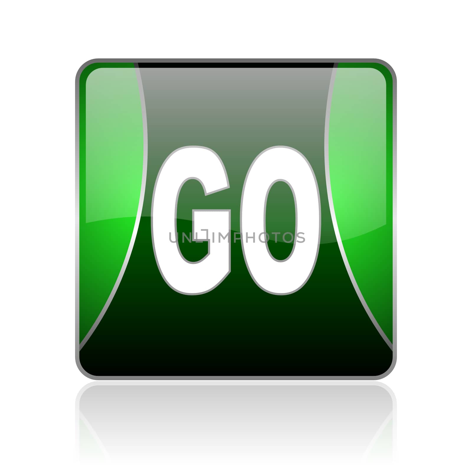 black and green square glossy internet icon on white background with reflaction