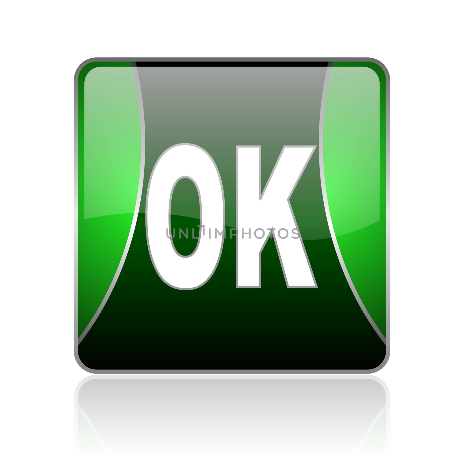 black and green square glossy internet icon on white background with reflaction