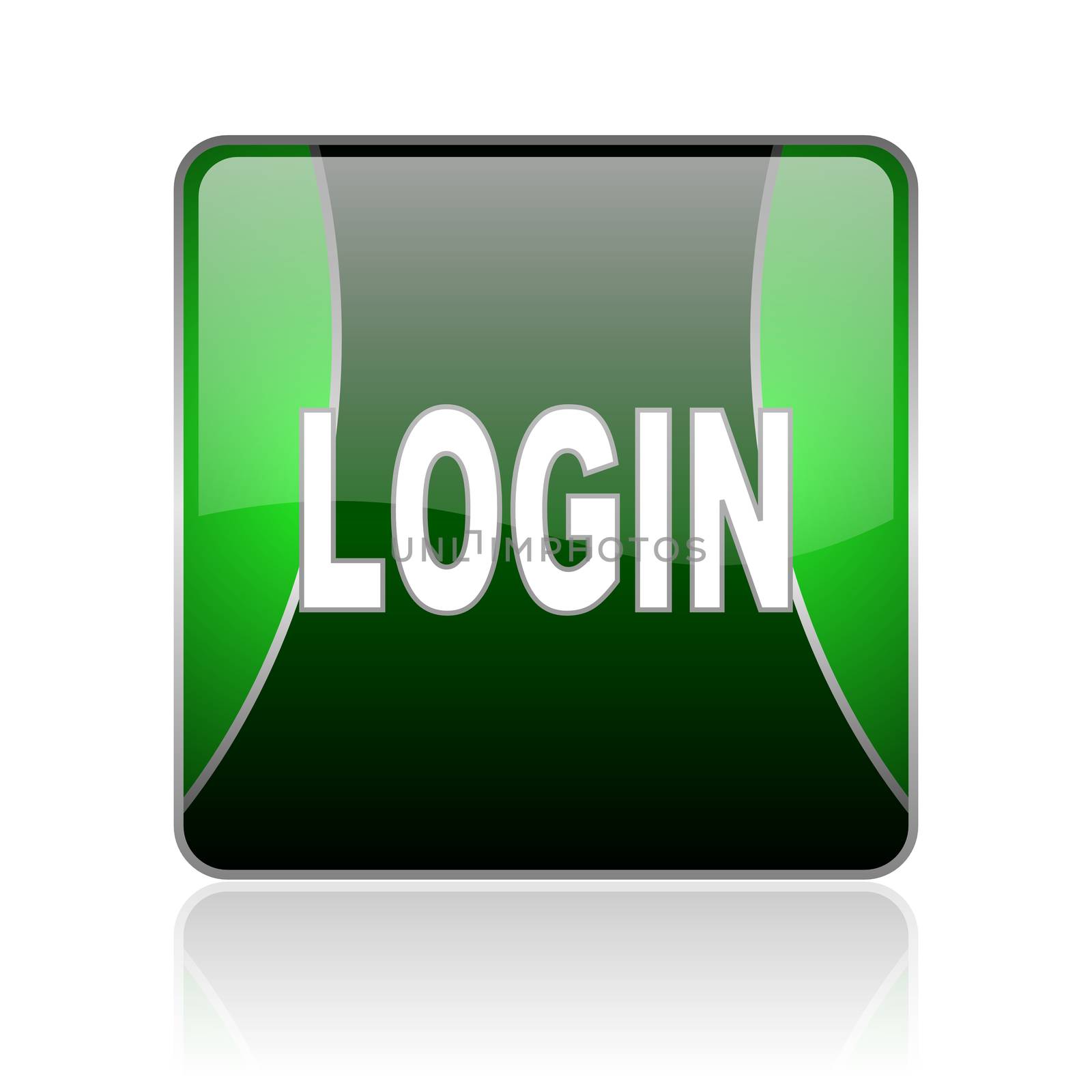 black and green square glossy internet icon on white background with reflaction
