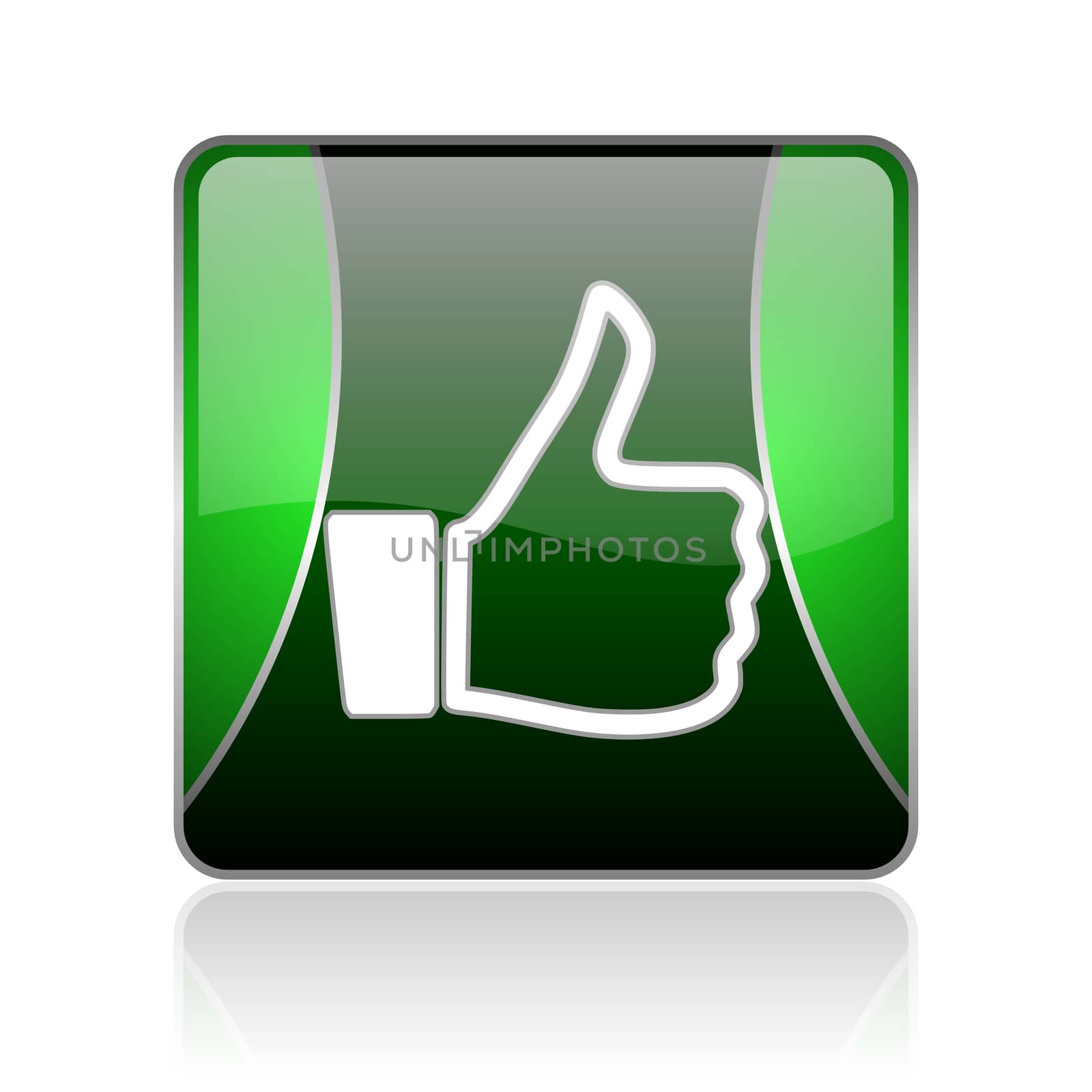 black and green square glossy internet icon on white background with reflaction