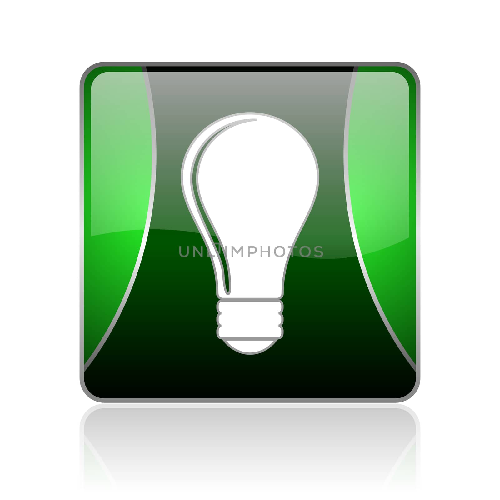 black and green square glossy internet icon on white background with reflaction