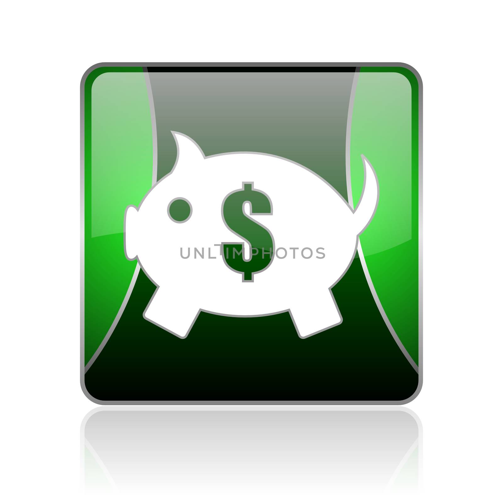 black and green square glossy internet icon on white background with reflaction