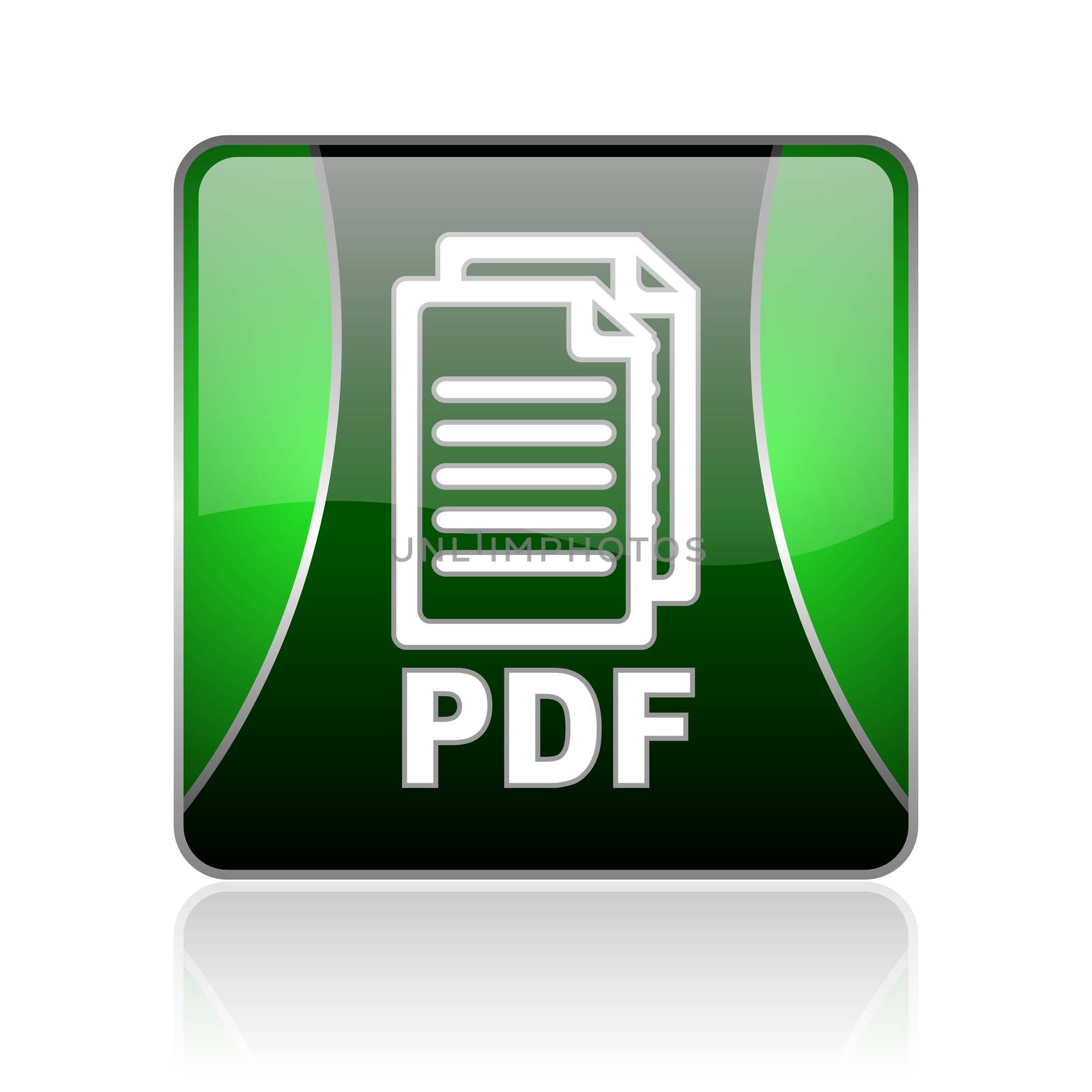 black and green square glossy internet icon on white background with reflaction