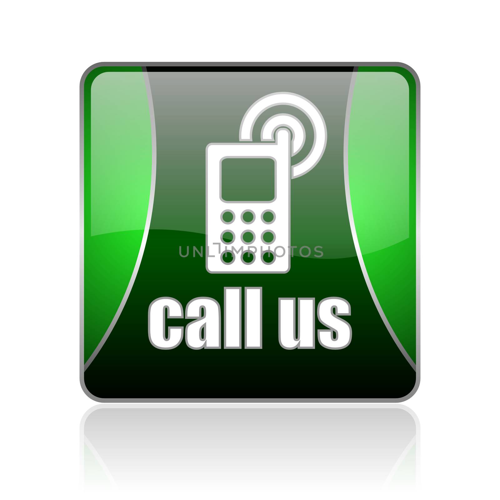 black and green square glossy internet icon on white background with reflaction