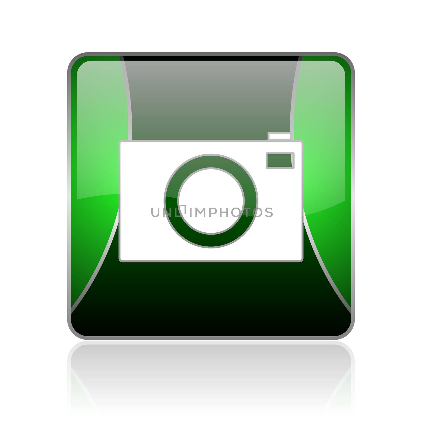 black and green square glossy internet icon on white background with reflaction