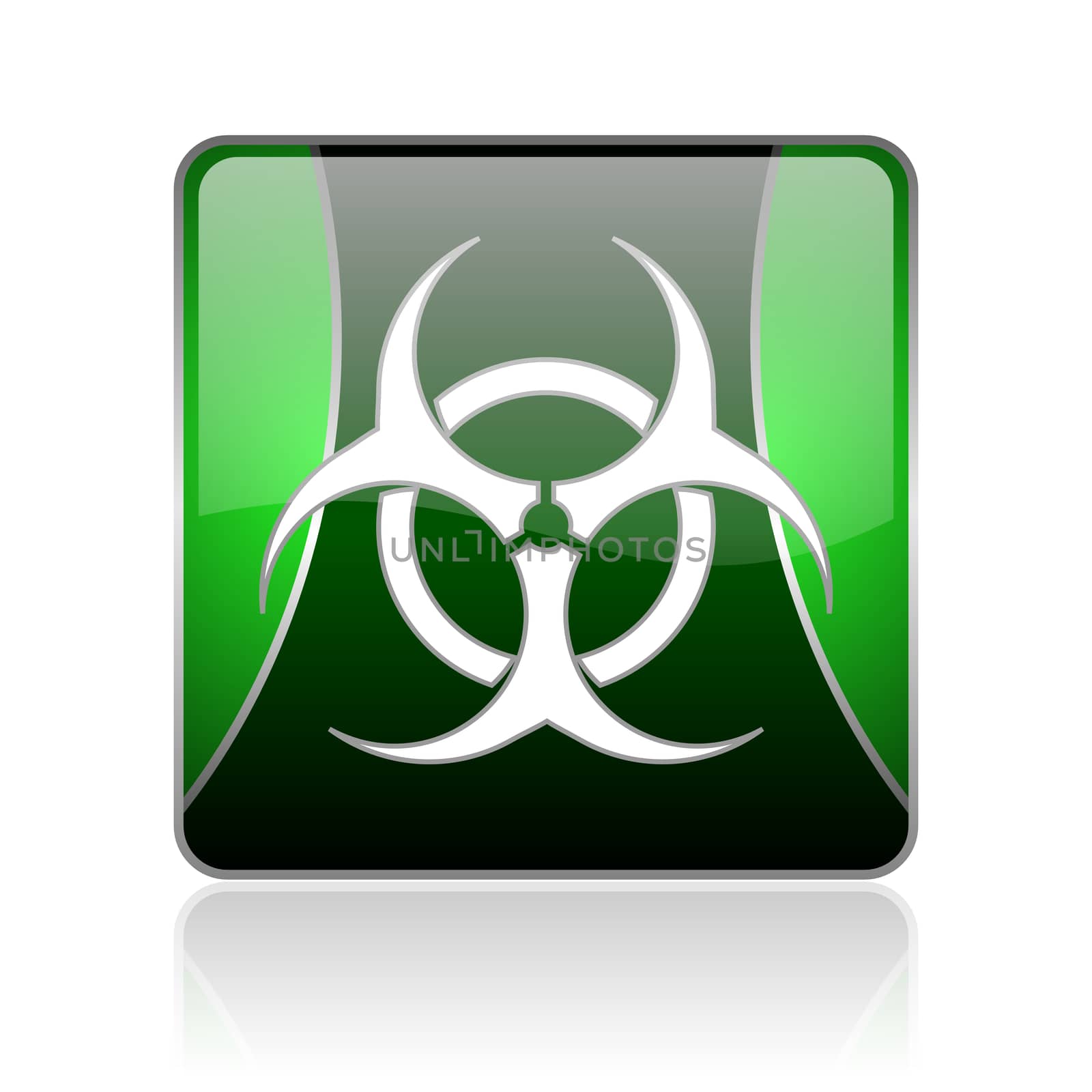 black and green square glossy internet icon on white background with reflaction