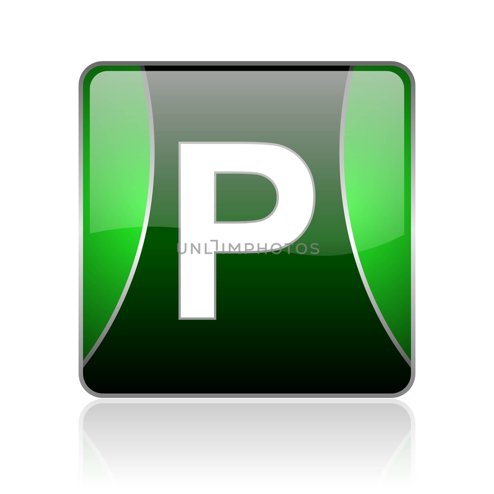 black and green square glossy internet icon on white background with reflaction