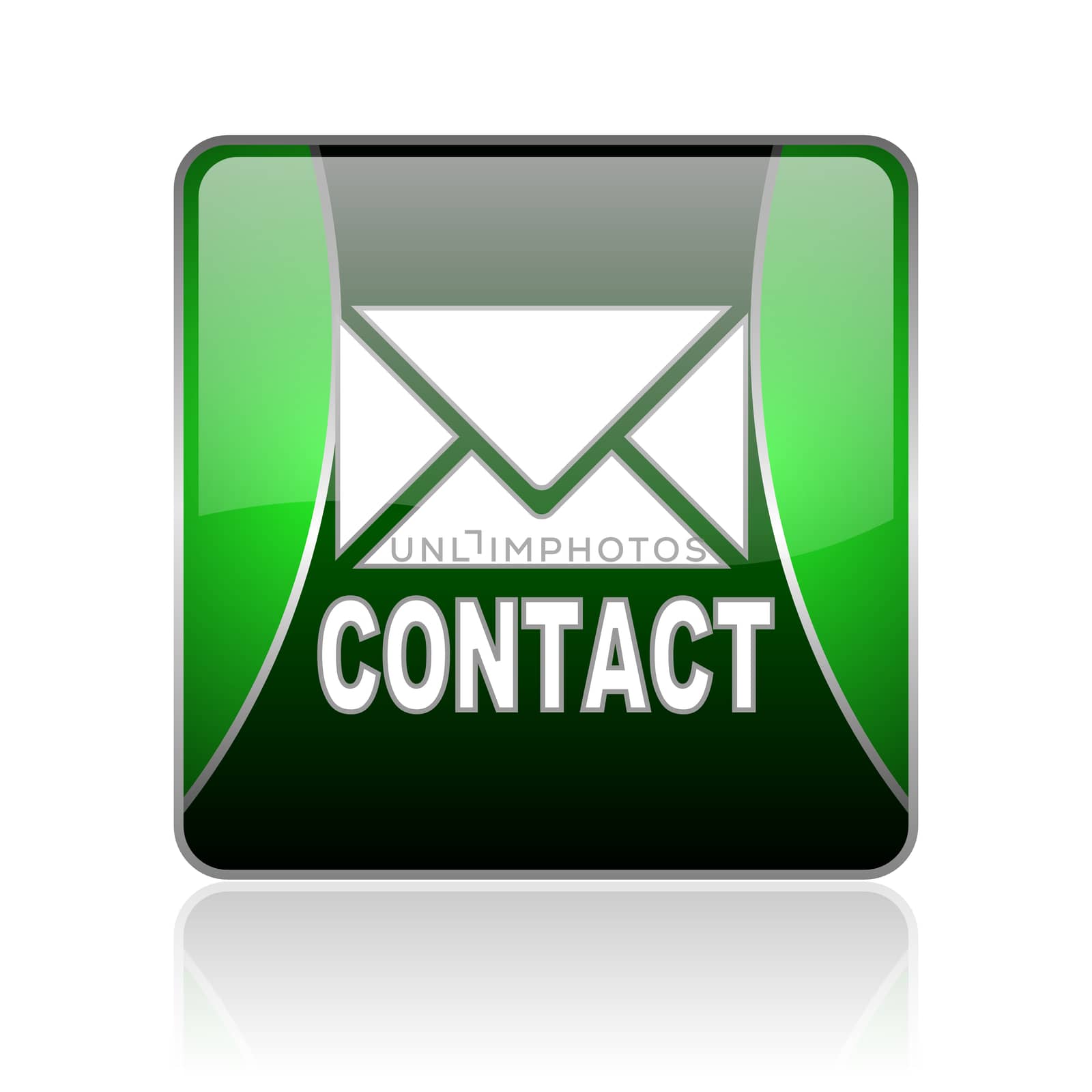black and green square glossy internet icon on white background with reflaction