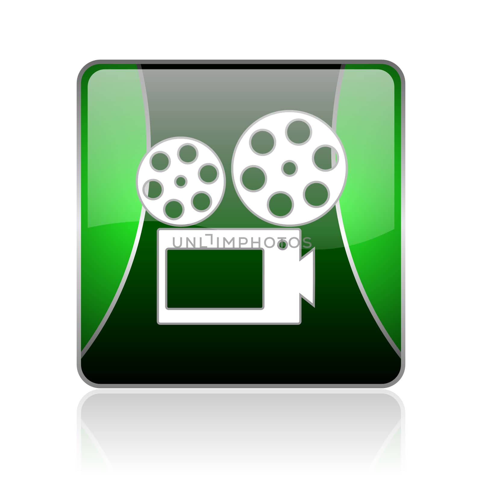 black and green square glossy internet icon on white background with reflaction