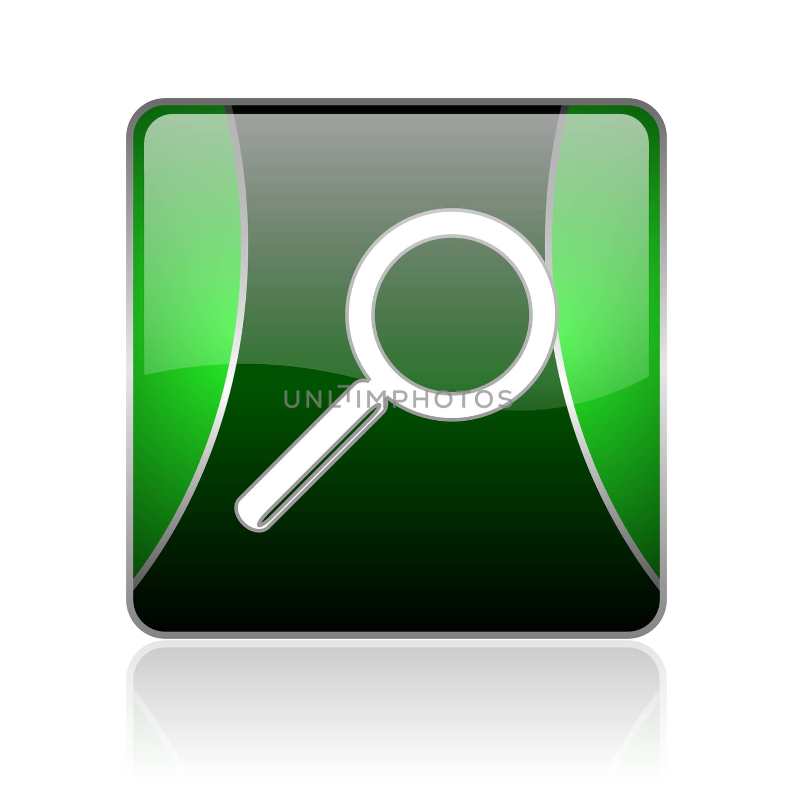 black and green square glossy internet icon on white background with reflaction