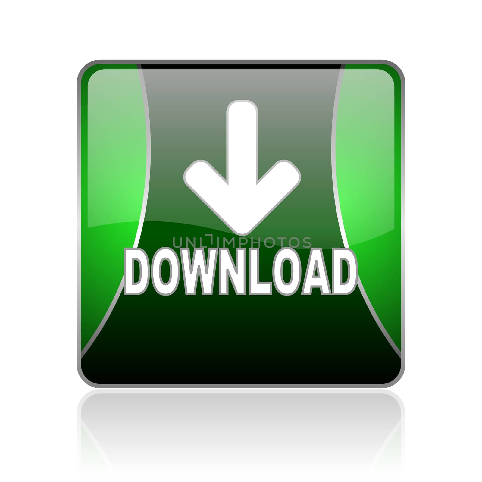 black and green square glossy internet icon on white background with reflaction