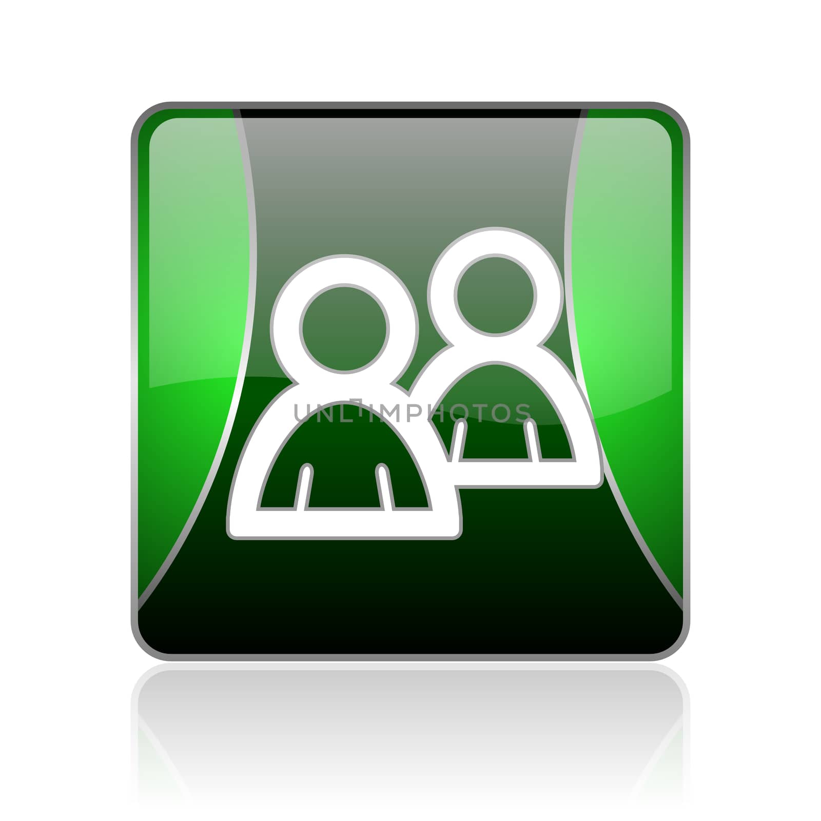 black and green square glossy internet icon on white background with reflaction