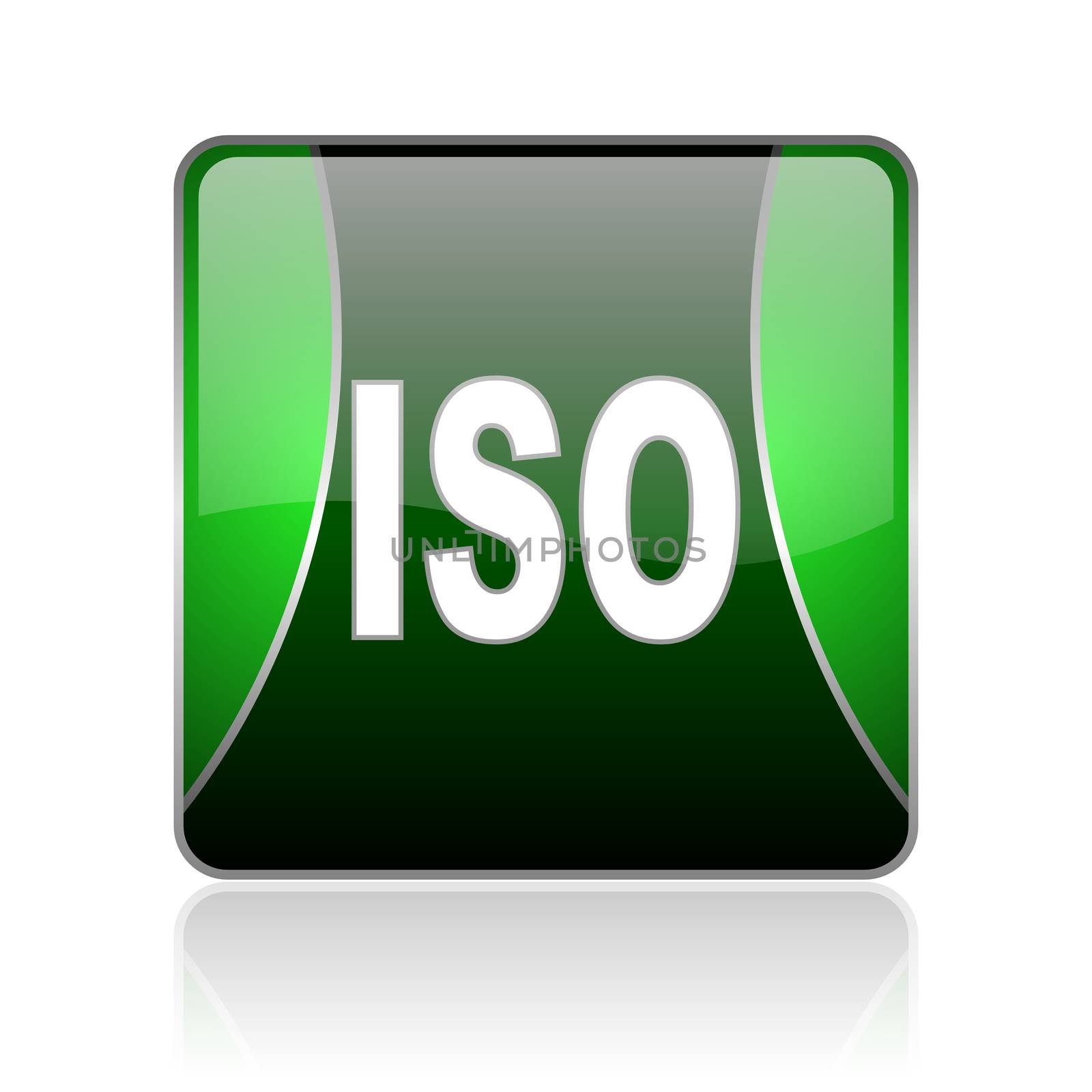 black and green square glossy internet icon on white background with reflaction