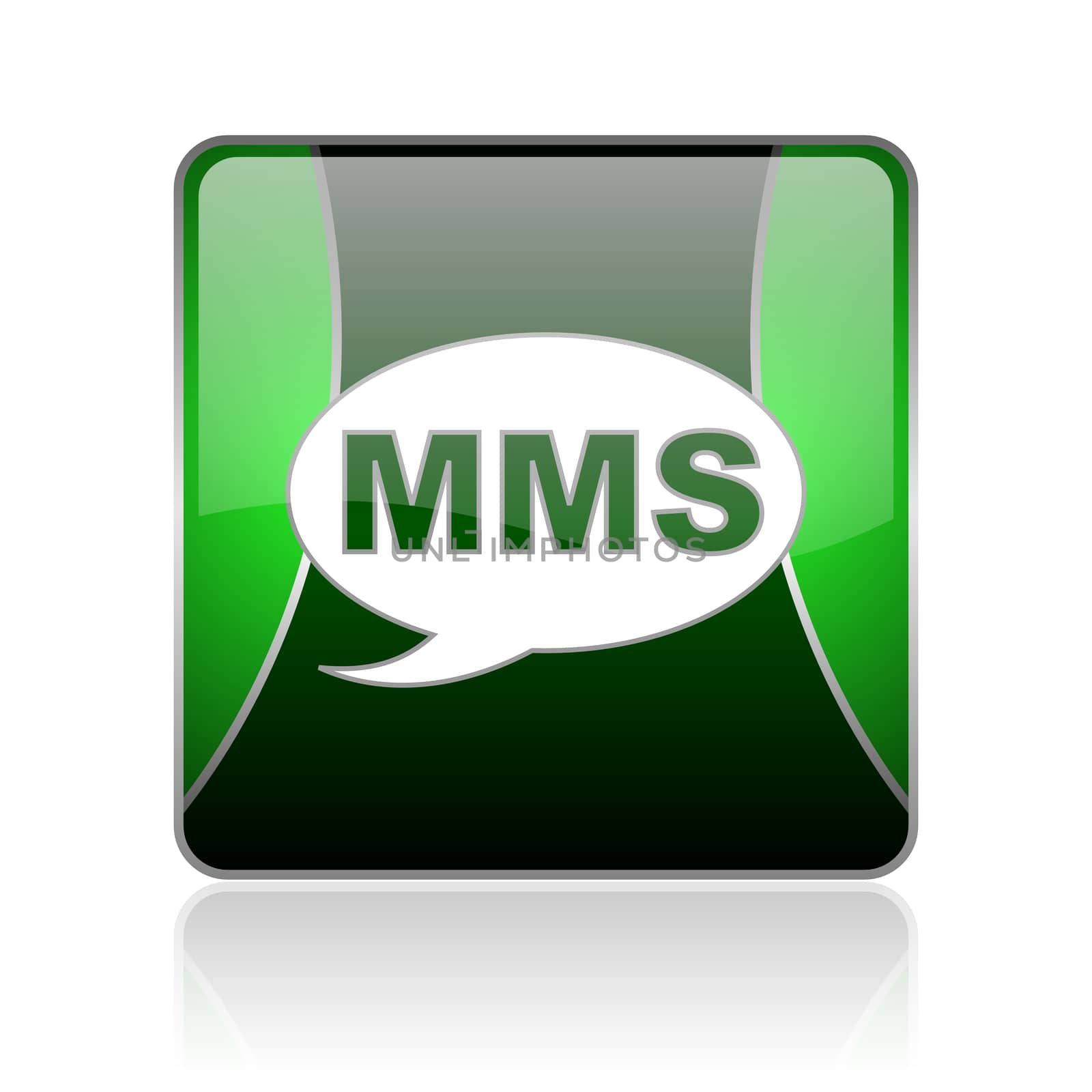black and green square glossy internet icon on white background with reflaction