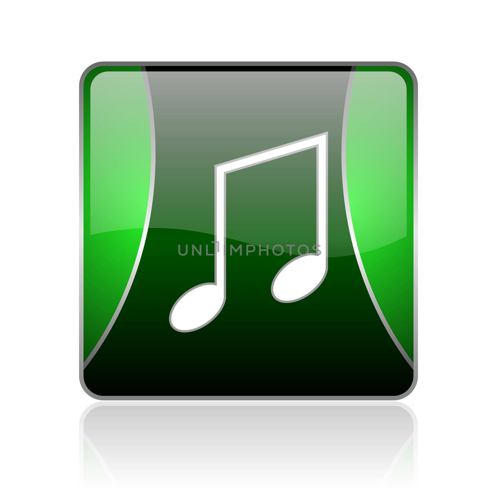 black and green square glossy internet icon on white background with reflaction