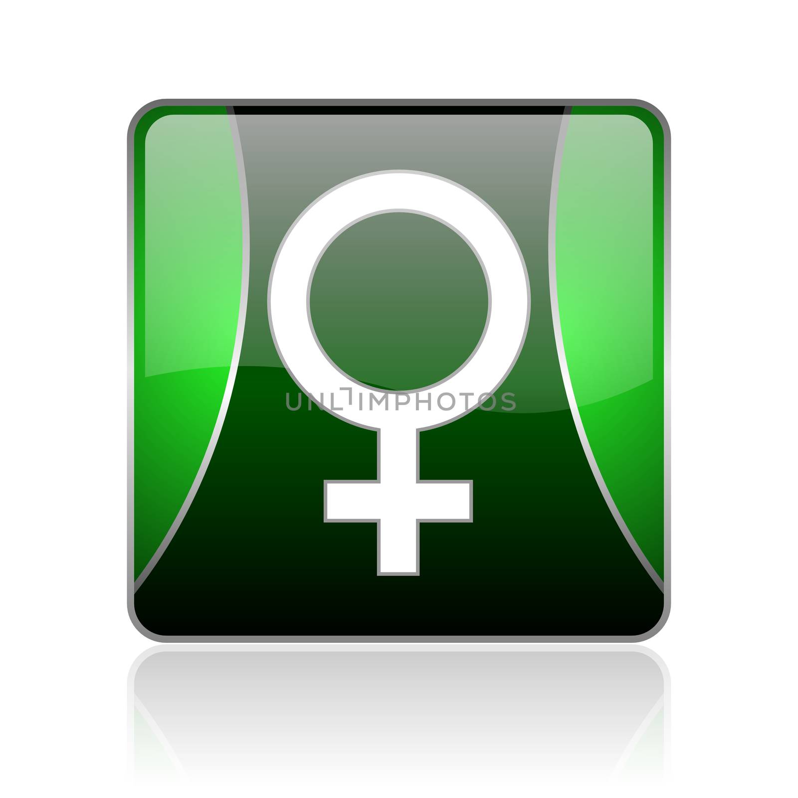 black and green square glossy internet icon on white background with reflaction
