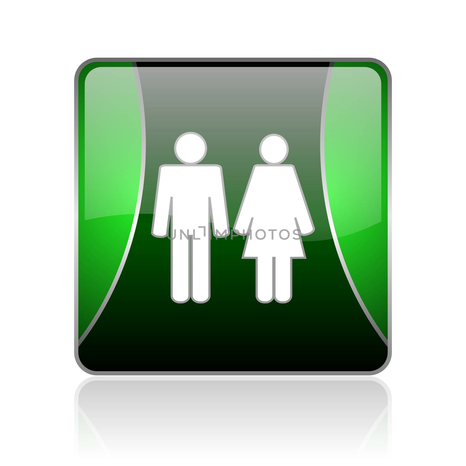 black and green square glossy internet icon on white background with reflaction