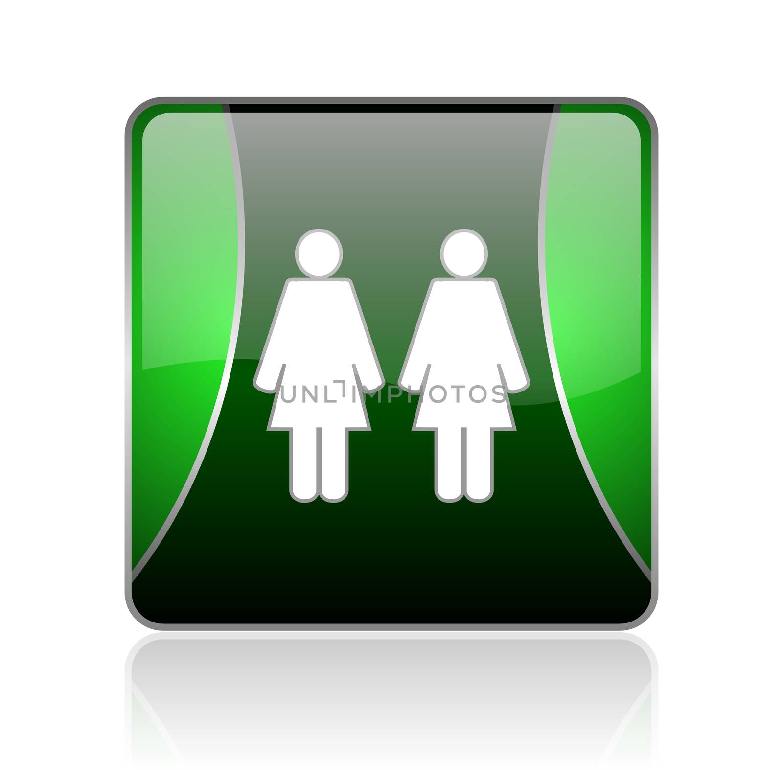 black and green square glossy internet icon on white background with reflaction