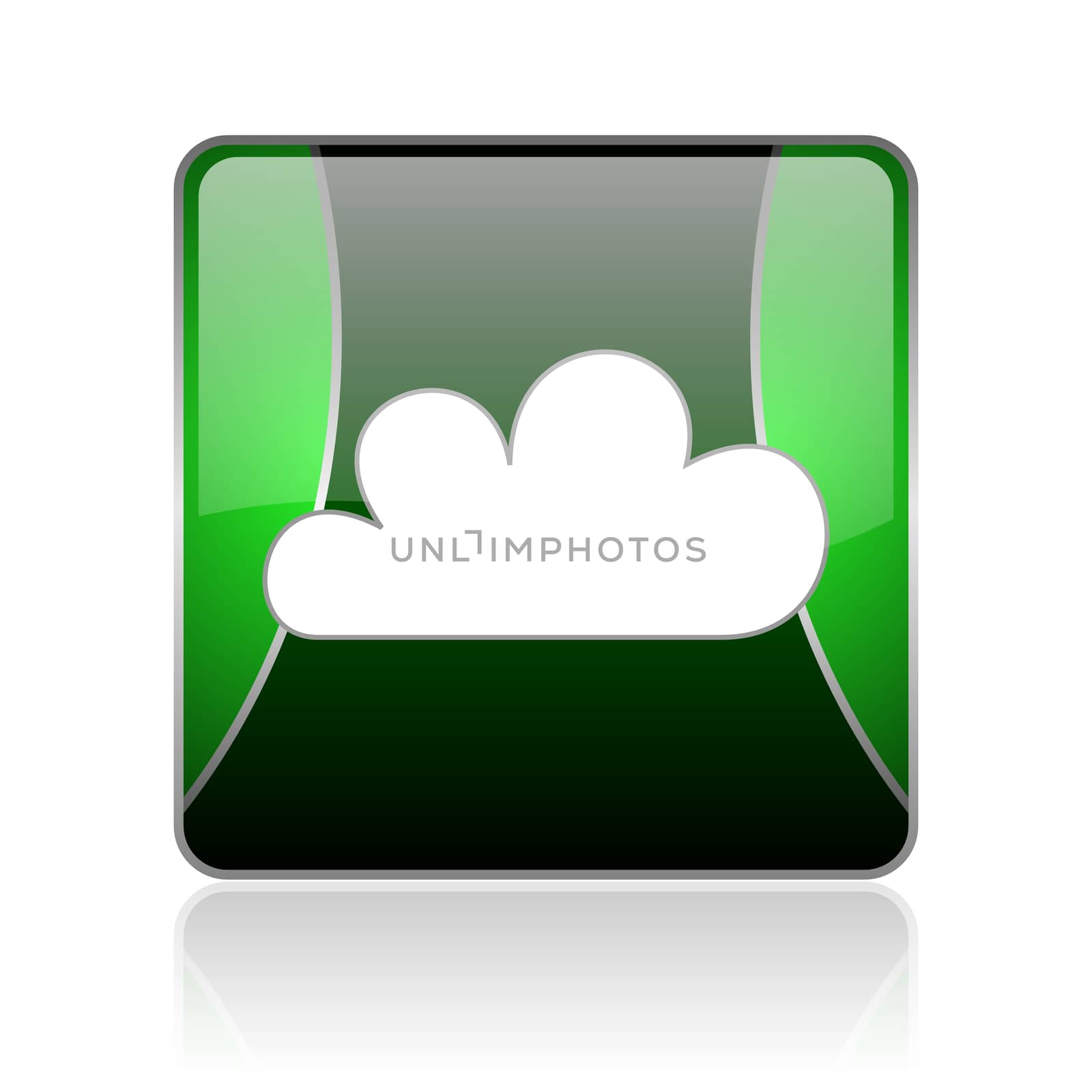 black and green square glossy internet icon on white background with reflaction