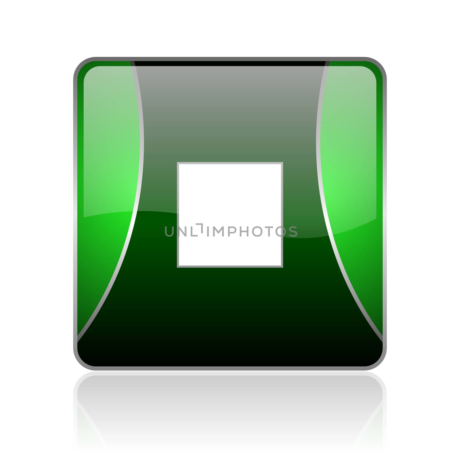 black and green square glossy internet icon on white background with reflaction