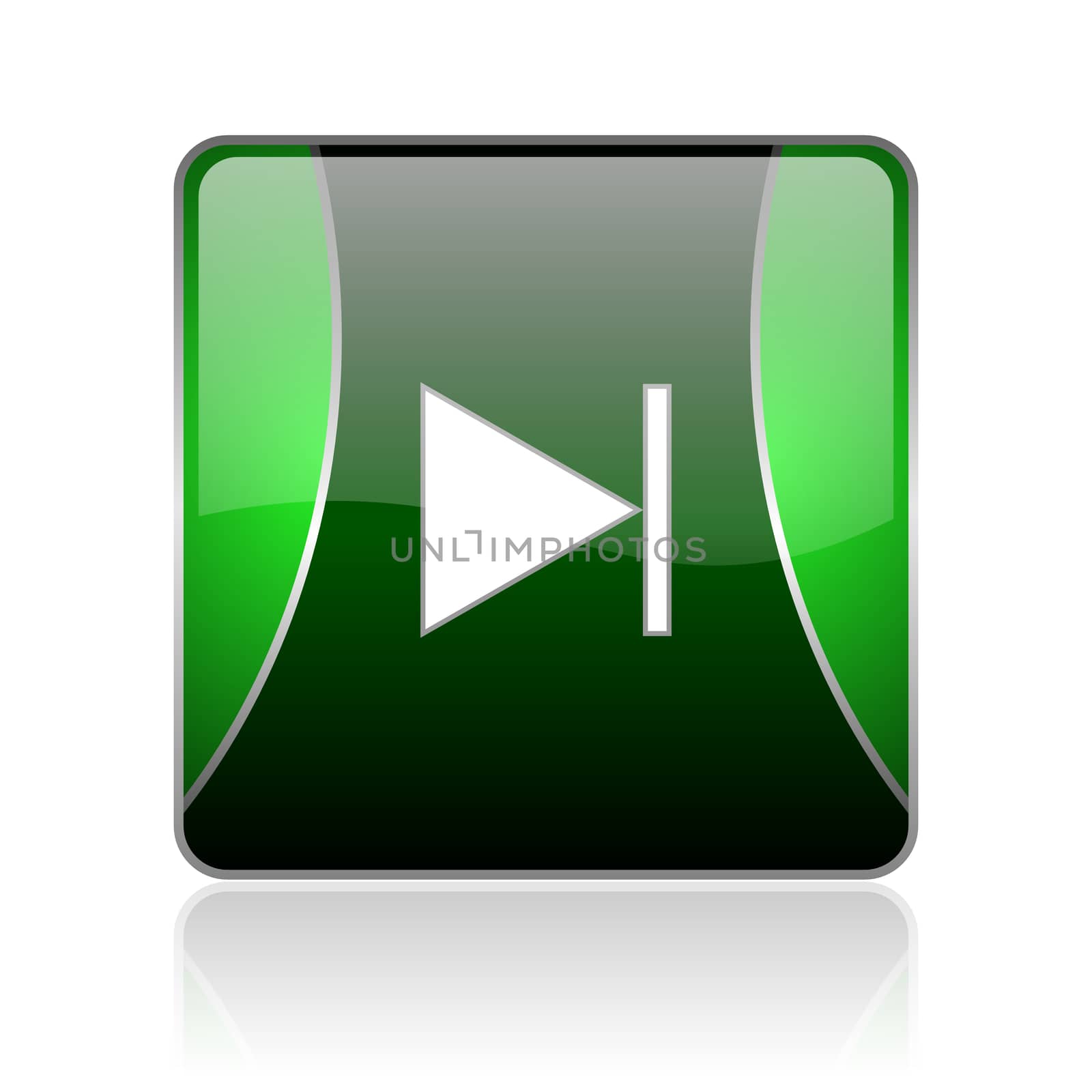 black and green square glossy internet icon on white background with reflaction