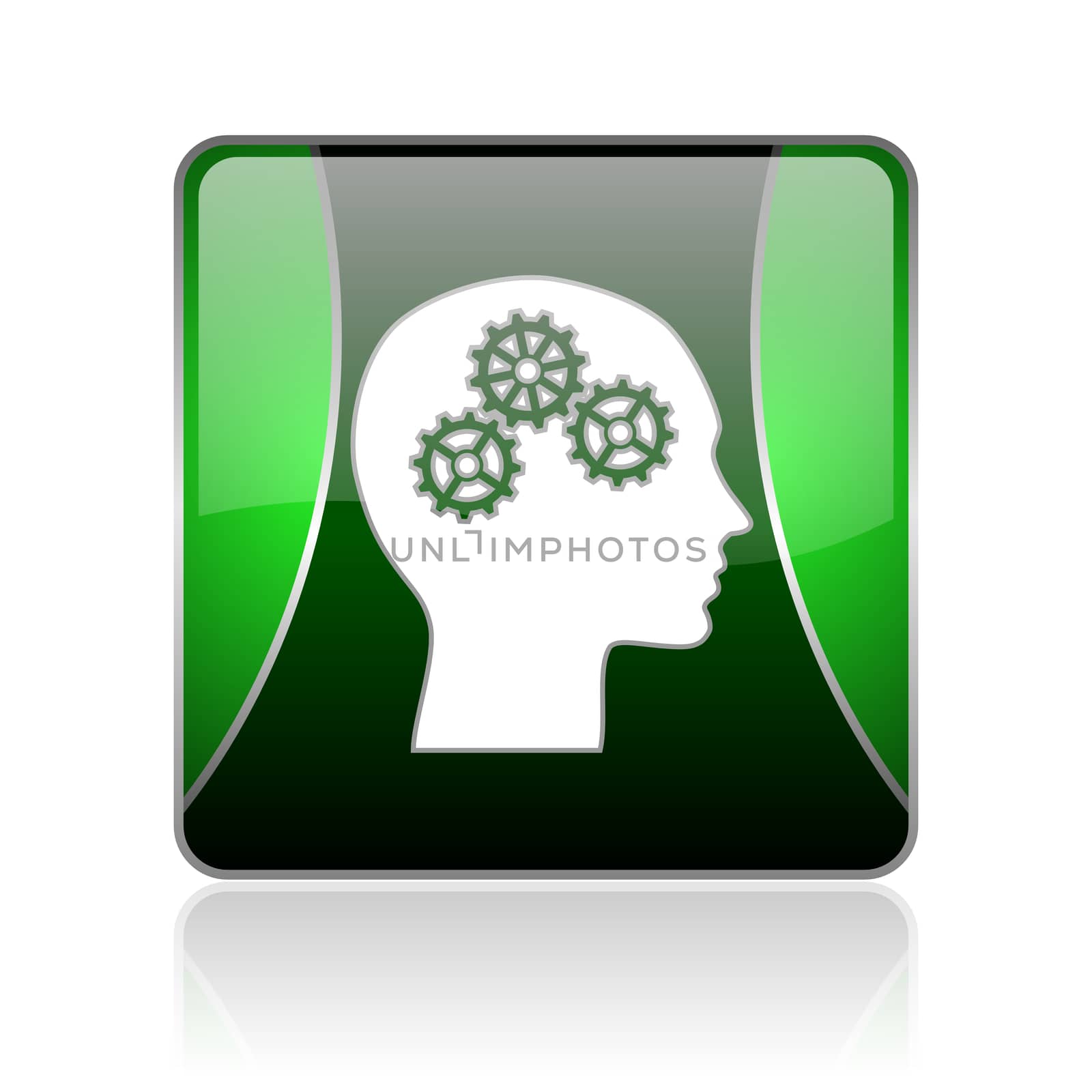 black and green square glossy internet icon on white background with reflaction