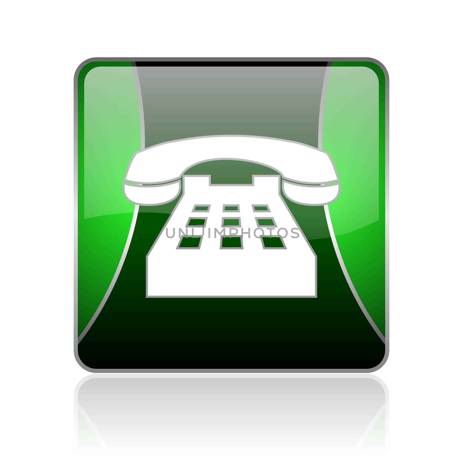 black and green square glossy internet icon on white background with reflaction