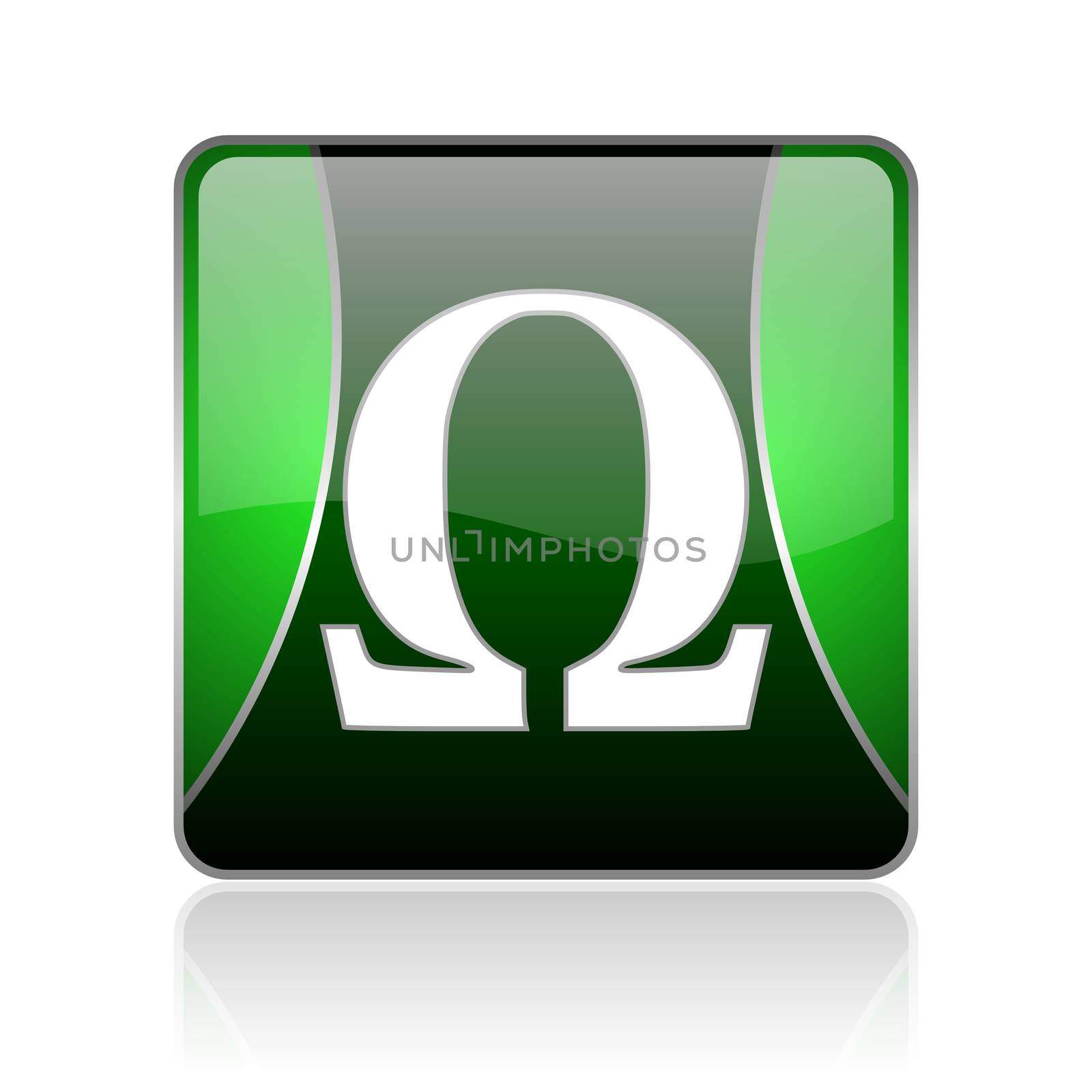 black and green square glossy internet icon on white background with reflaction