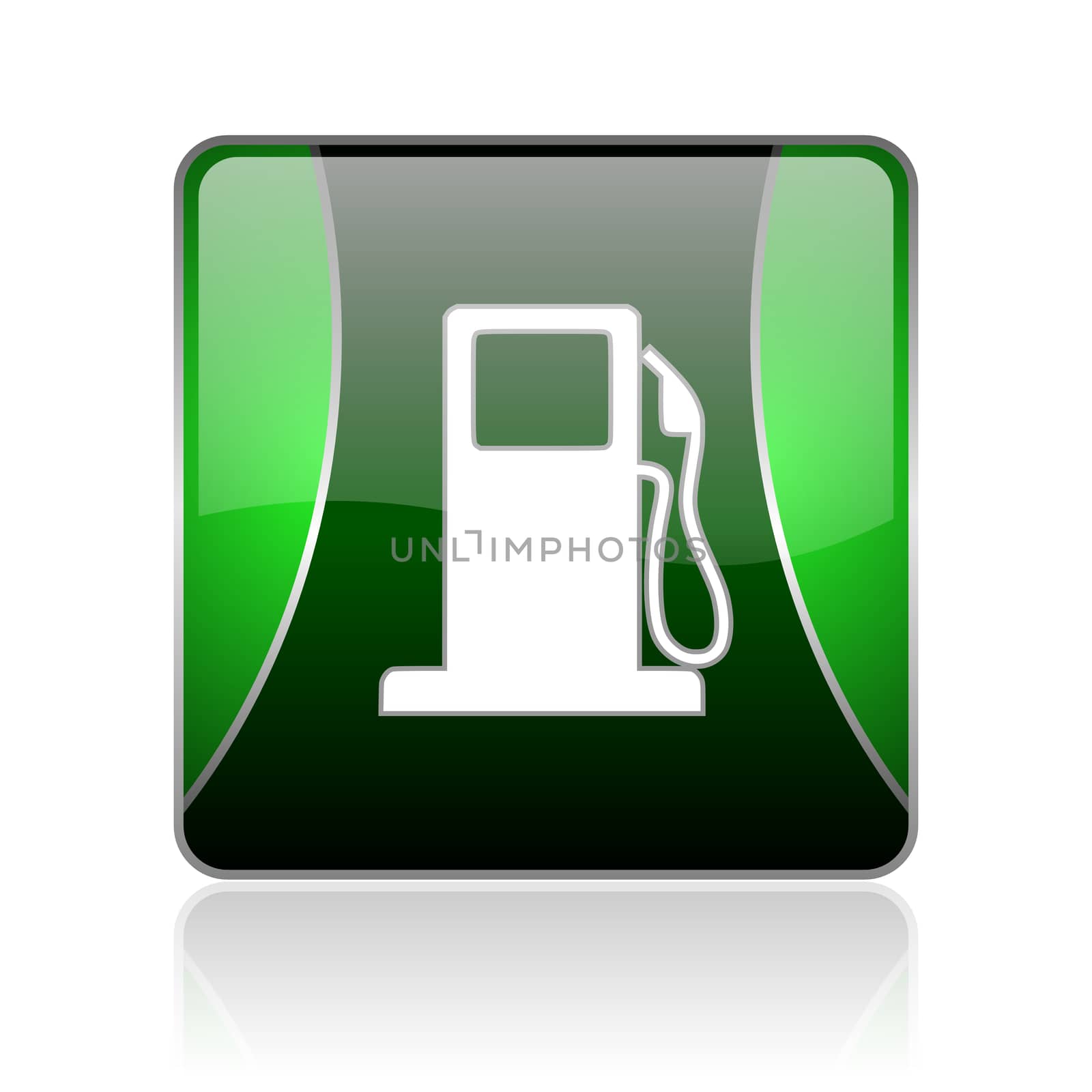 black and green square glossy internet icon on white background with reflaction