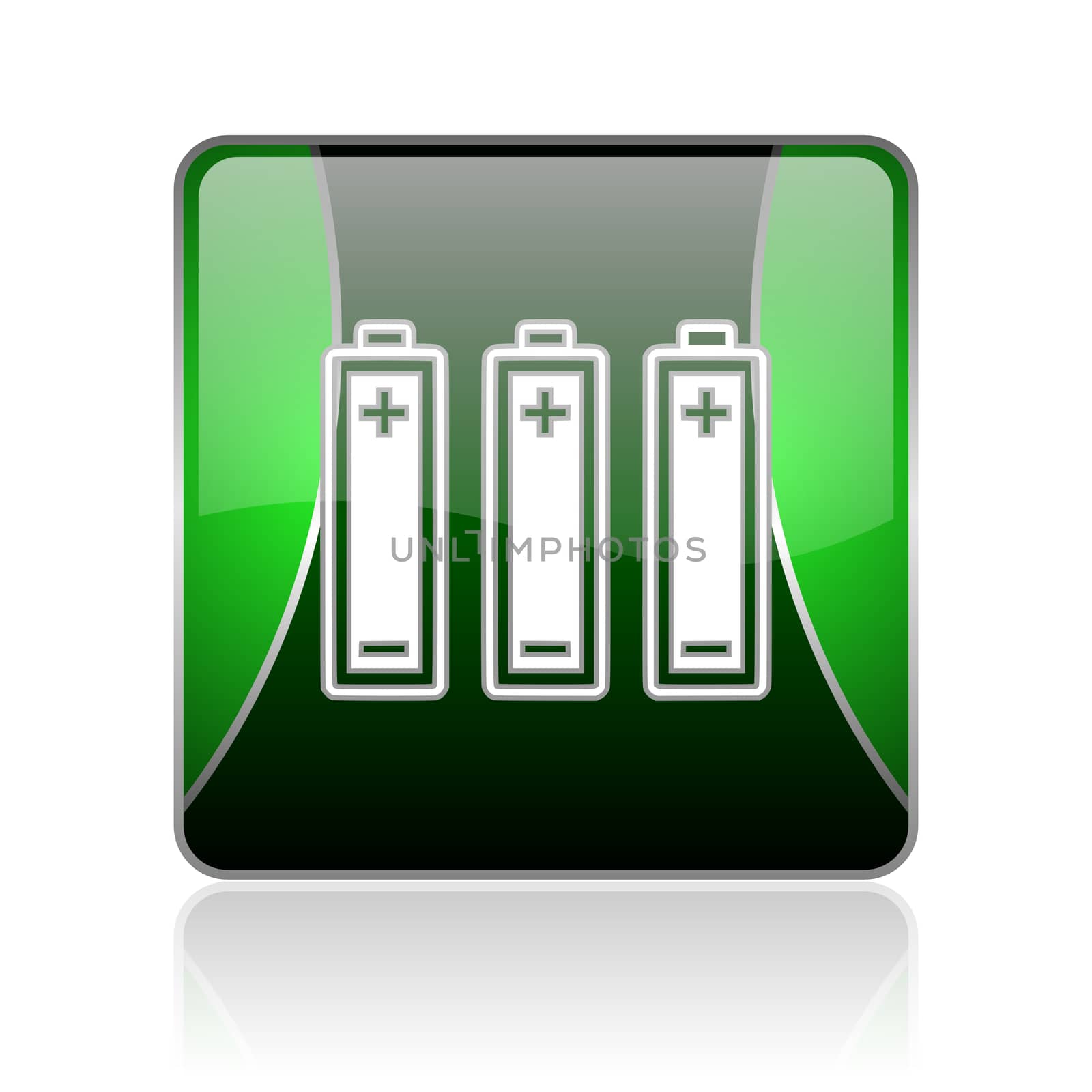 black and green square glossy internet icon on white background with reflaction