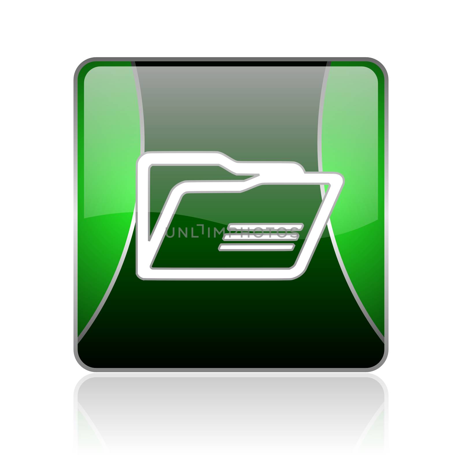black and green square glossy internet icon on white background with reflaction