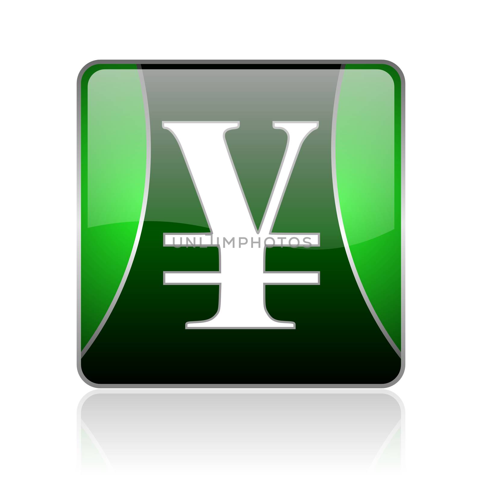 black and green square glossy internet icon on white background with reflaction